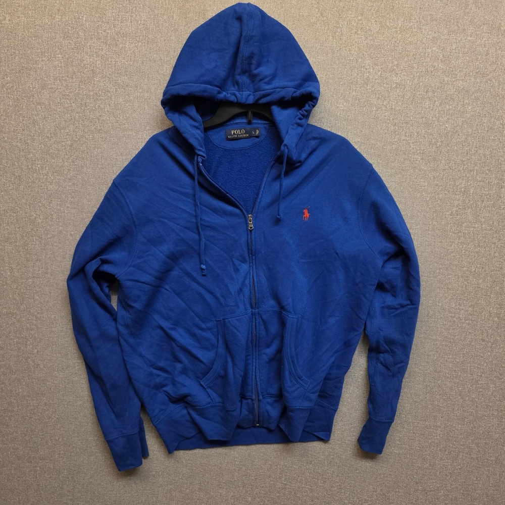 Vintage Polo Ralph Lauren Mens L Blue Orange Pony Full Zip Hoodie Y2K